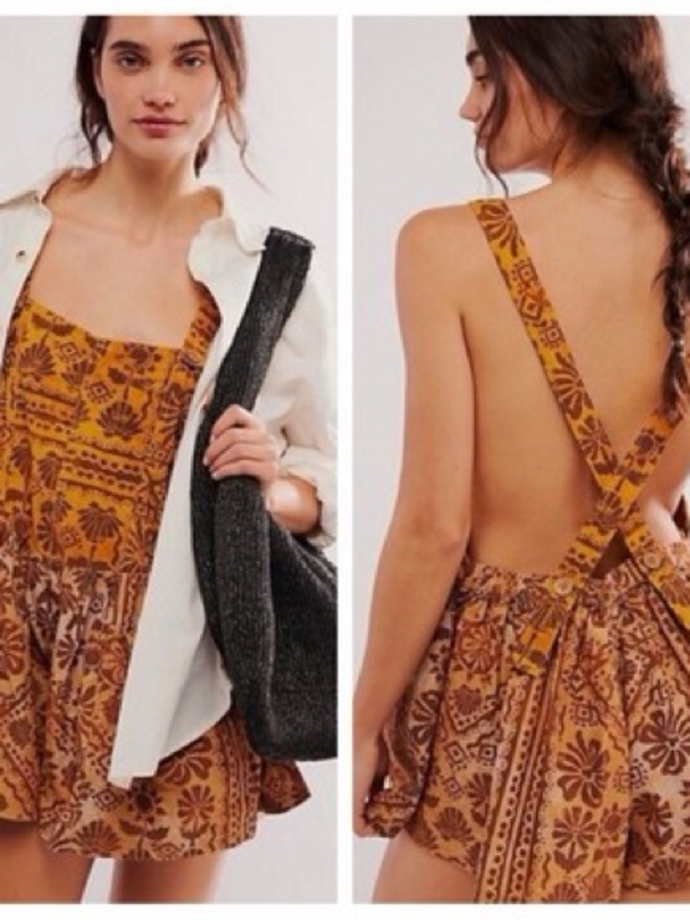 Free People NWT Brown Floral Boho Overall Romper Size L